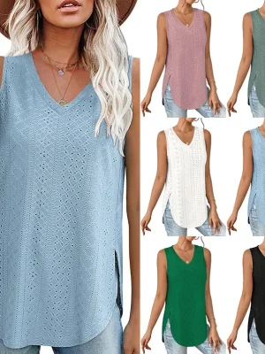 Casual Summer Hollow Out V Neck Sleeveless Blouses for Women