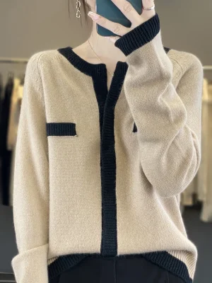 Elegant O-Neck Pure Wool Knitted Cardigan Women