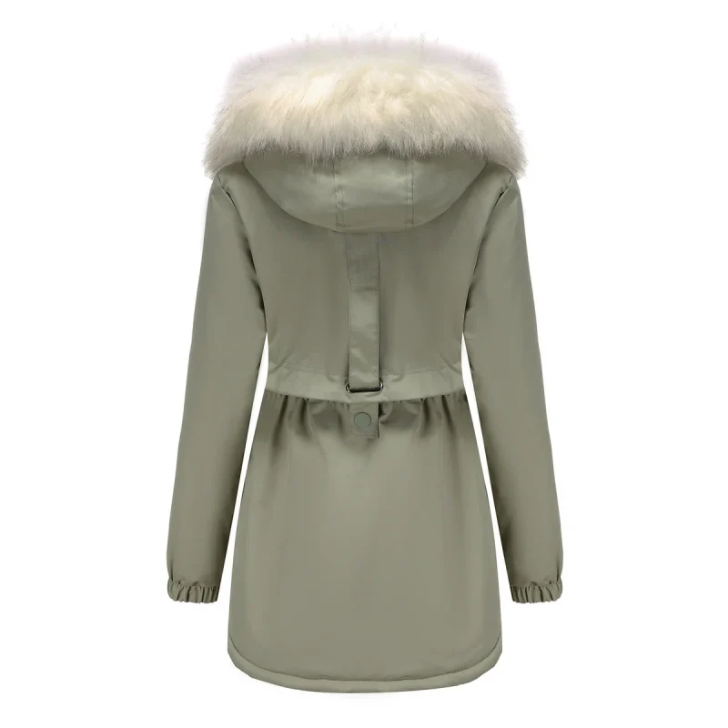 Women Faux Fur Collar Hooded Long Sleeve Fleece Thick Warm Jacket - Image 2