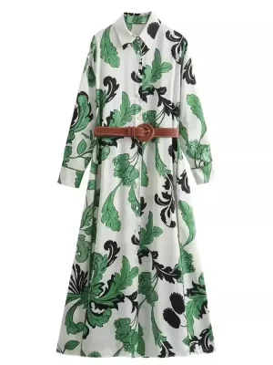 Women Boho Floral Shirts Dress Casual Printed Dress With Belt