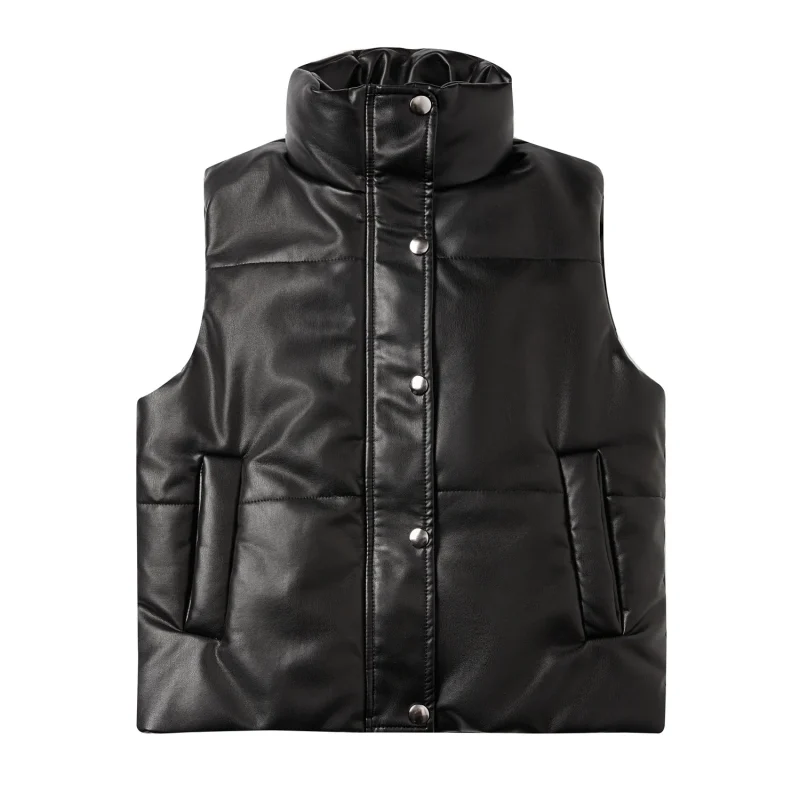 Winter Pu Leather Vest Cotton Coat Single Breasted Sleeveless Jackets - Image 2