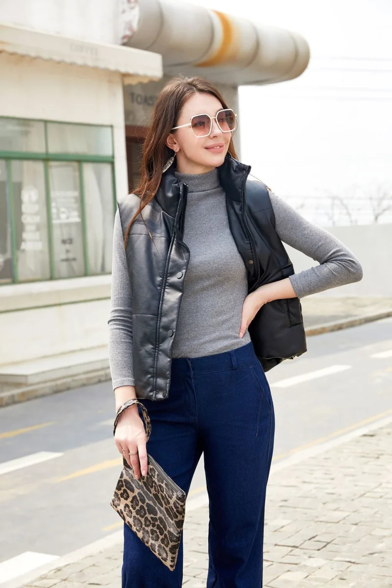 Winter Pu Leather Vest Cotton Coat Single Breasted Sleeveless Jackets - Image 8