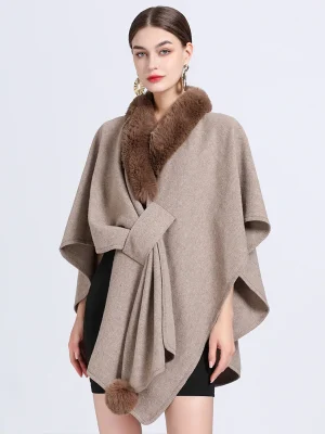 Faux Rabbit Fur Collar Half Sleeve Poncho Women Loose Knit Cape