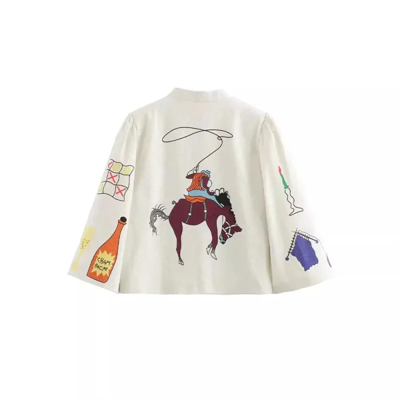 Women's Simple Standing Neck Long sleeved Printed Single breasted Jacket Coat - Image 4