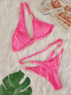 Summer Sexy Pink String Bikini Sets Crystal Rhinestone