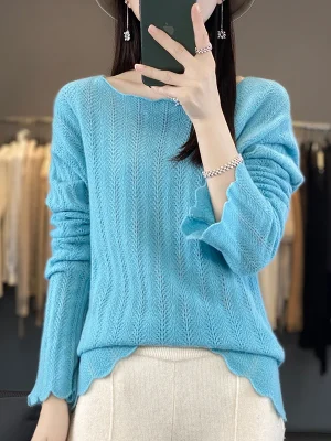 Wool Sweater Lace Slash Neck Jacquard Hollowed Knitted Pullover Cashmere