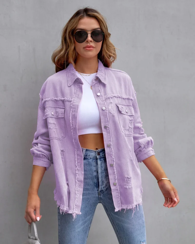 Loose Long Denim Jacket With Torn Holes Women Streetwear - Image 4