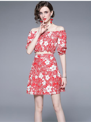 Printed Off-Shoulder A-Line Two-Piece Dress Set for Women