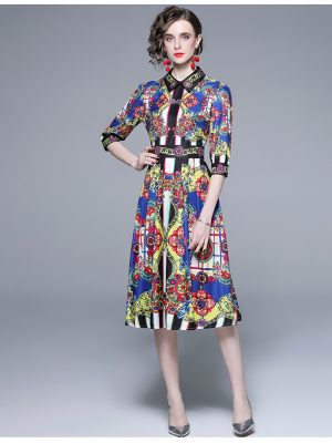 Printed A-Line Shirt Midi Dress for Women – Spring & Fall