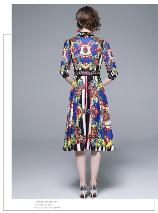 Printed A-Line Shirt Midi Dress for Women - Spring & Fall - Image 3