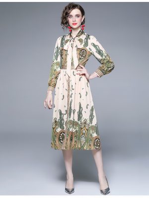 Women’s Spring/Fall Long Sleeve Tie Printed A-Line Midi Dress