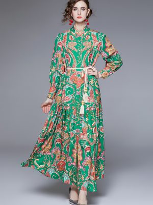 Women’s Spring/Fall Long Sleeve Elegant Printed A-Line Maxi Dress