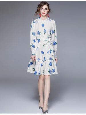 Women’s Spring/Fall Daily Long Sleeve Elegant Printed A-Line Knee Dress