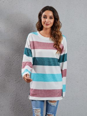 Spring Summer Round Neck Multi-Color Stripe Sweater