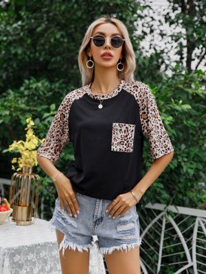 Leopard Print Stitching Round Neck Short Sleeved T-Shirt