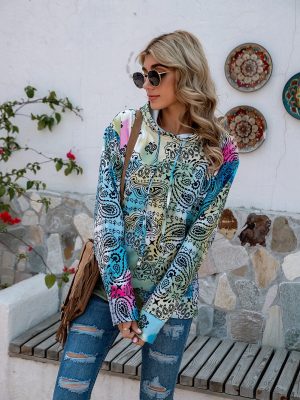 Personalized Bohemian Printed Hooded Fleece-Lined Sweater for Women