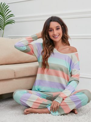 Autumn Winter Striped Printed Homewear Casual Suit for Women