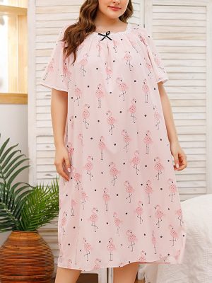 Plus Size Lace Stitching Short Sleeve Printed Nightdress for Women