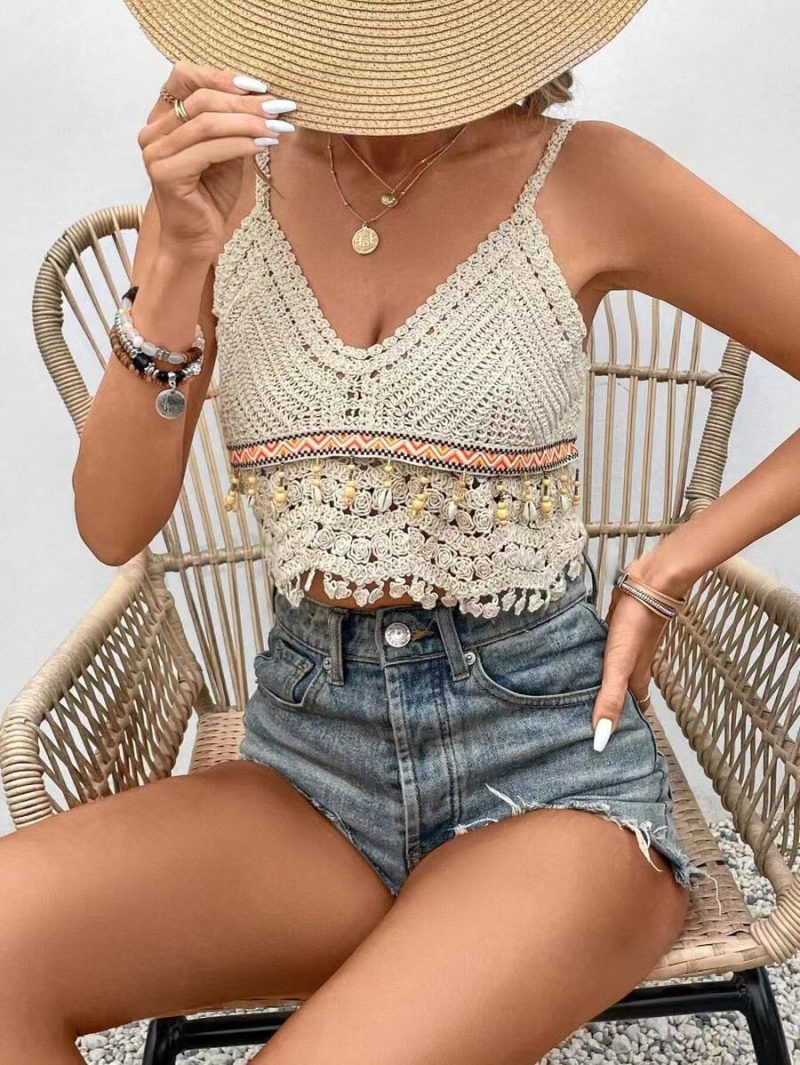 Women’s Hand Crocheted Halter Top With Fringe Hanging Beads - Image 3