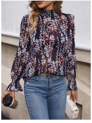 Floral Print Pullover Shirt | Elegant Long Sleeve Women’s Office Attire