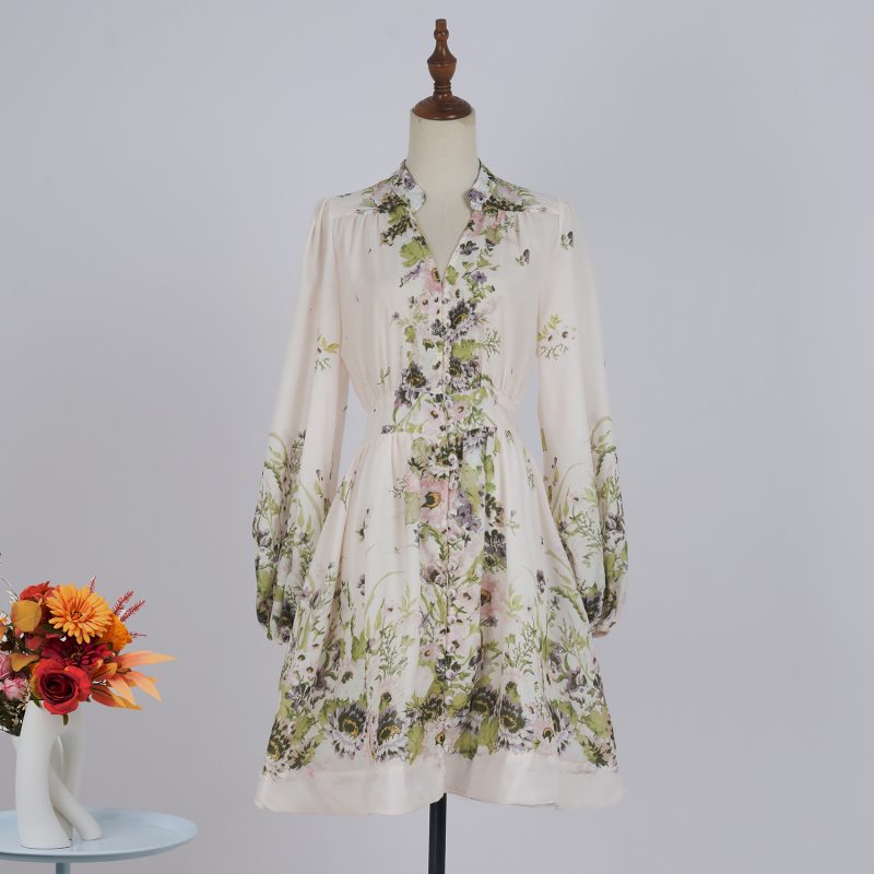 A-Line Printed Button Dress for Women – Long Sleeve Elegant Dress
