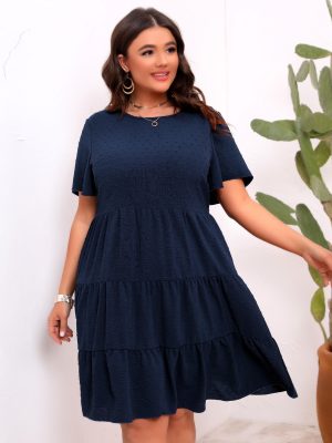 Plus Size Round Neck Pleated Dress with Fur Ball Detail