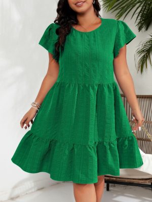 Plus Size Round Neck Ruffle Sleeve Waist-Tight Casual Dress