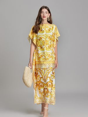 Women Summer Short Sleeve Printed Elegant A-Line Maxi Dress