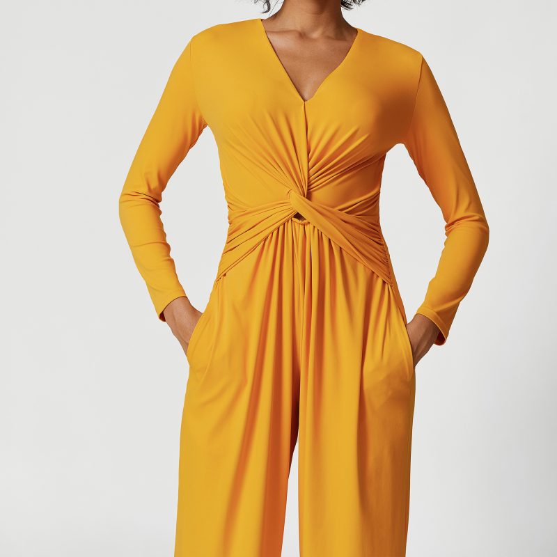 Sexy V-Neck High Slit Yoga Jumpsuit – Pleated Design for Women - Image 4