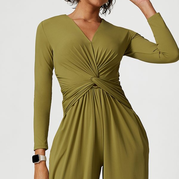 Sexy V-Neck High Slit Yoga Jumpsuit – Pleated Design for Women - Image 5