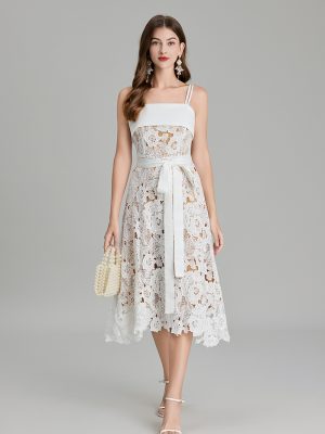 Women Summer Solid Embroidery Belted A-Line Maxi Dress