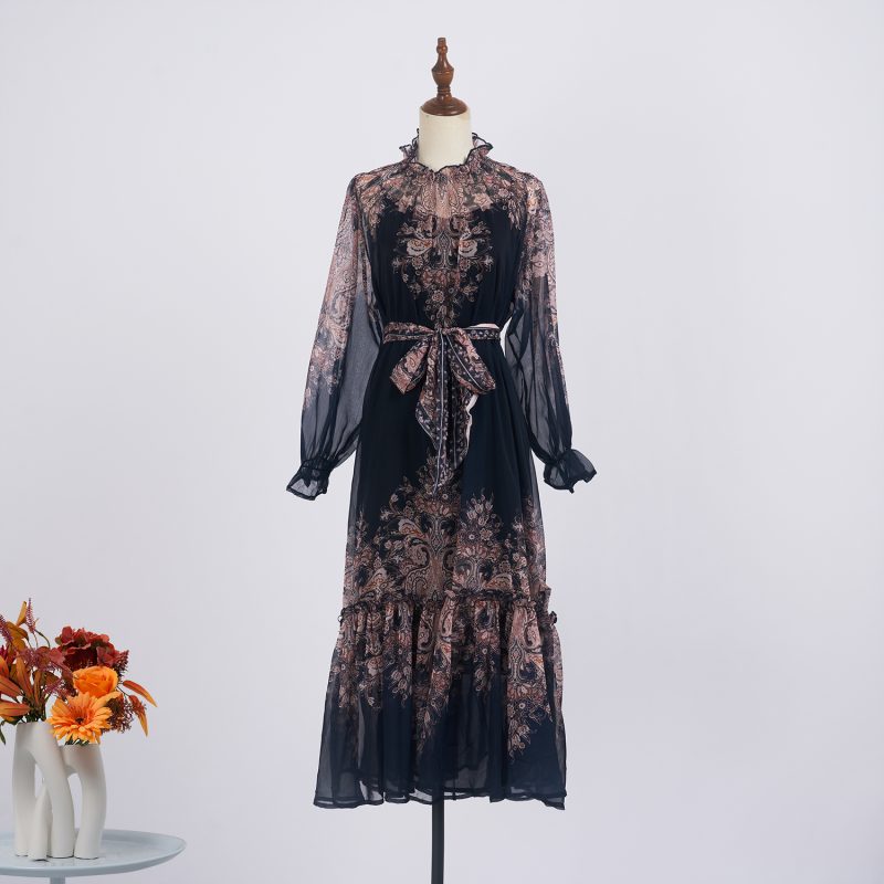Light Luxury Retro Printed Long Sleeve Scarf Dress Set