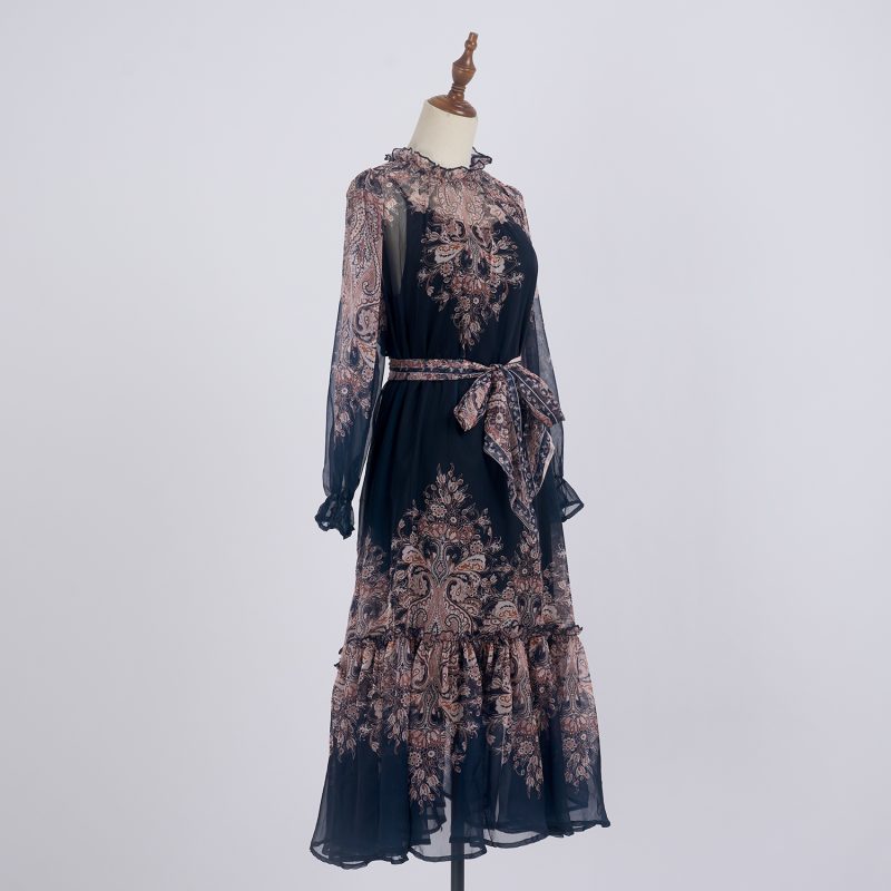 Light Luxury Retro Printed Long Sleeve Scarf Dress Set - Image 2