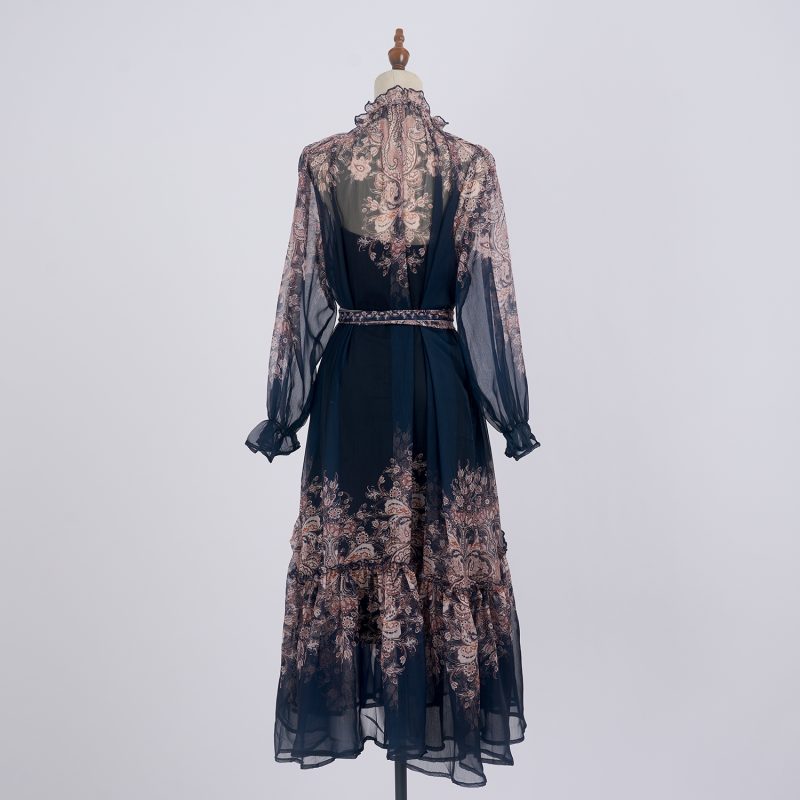 Light Luxury Retro Printed Long Sleeve Scarf Dress Set - Image 3