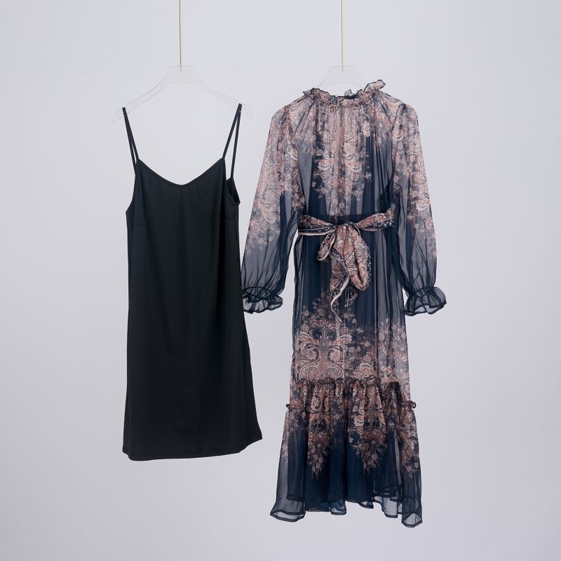 Light Luxury Retro Printed Long Sleeve Scarf Dress Set - Image 4