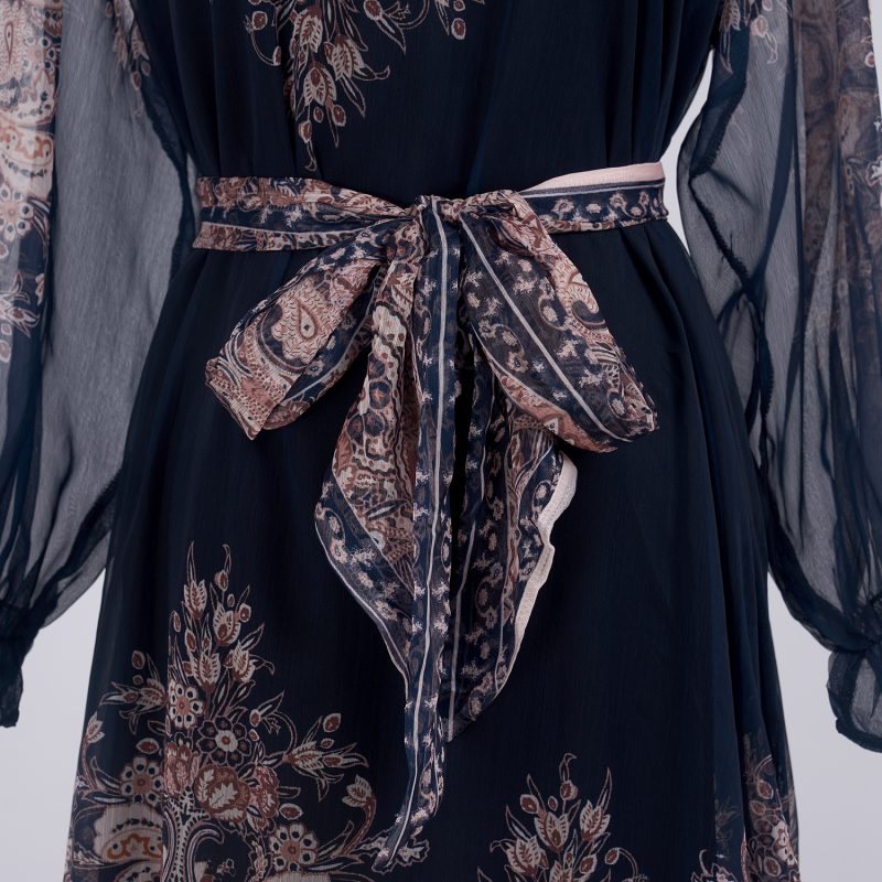 Light Luxury Retro Printed Long Sleeve Scarf Dress Set - Image 6