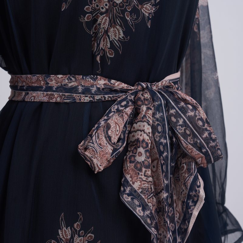 Light Luxury Retro Printed Long Sleeve Scarf Dress Set - Image 12