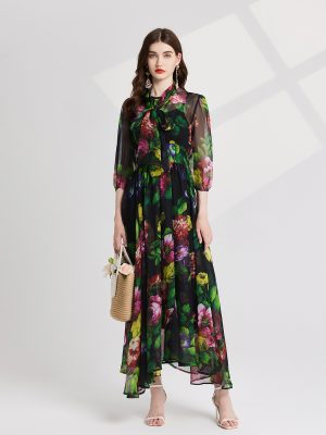 Elegant Printed Tie-Up Tencel Dress