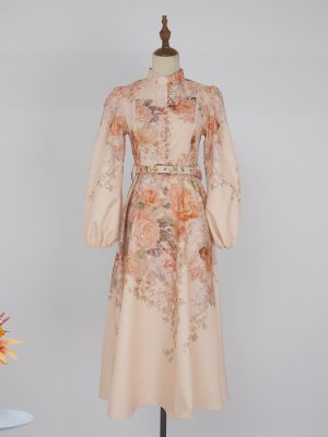 Autumn Flower Lantern Sleeve Long Dress – Stand Collar Buckle Design