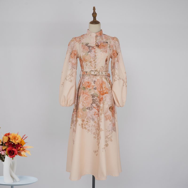 Autumn Flower Lantern Sleeve Long Dress – Stand Collar Buckle Design