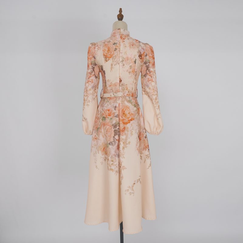 Autumn Flower Lantern Sleeve Long Dress – Stand Collar Buckle Design - Image 3