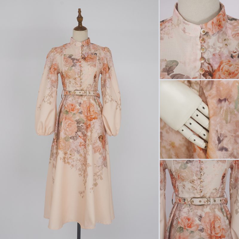 Autumn Flower Lantern Sleeve Long Dress – Stand Collar Buckle Design - Image 4