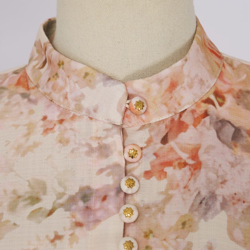 Autumn Flower Lantern Sleeve Long Dress – Stand Collar Buckle Design - Image 5