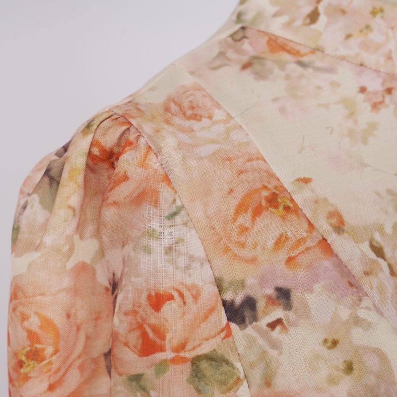 Autumn Flower Lantern Sleeve Long Dress – Stand Collar Buckle Design - Image 7