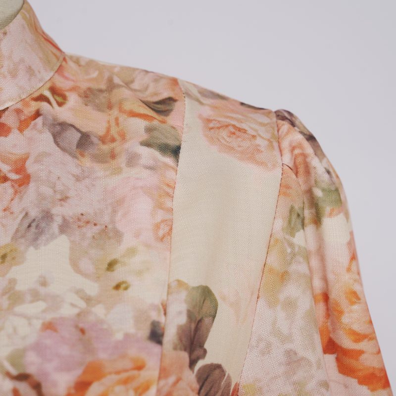 Autumn Flower Lantern Sleeve Long Dress – Stand Collar Buckle Design - Image 9