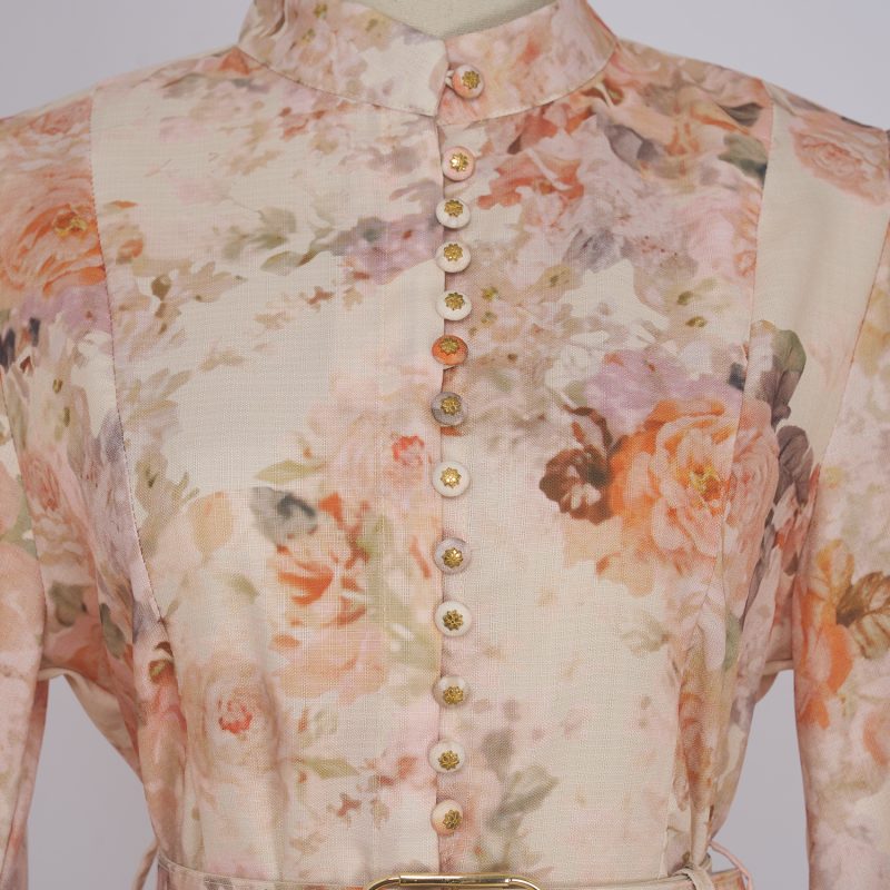 Autumn Flower Lantern Sleeve Long Dress – Stand Collar Buckle Design - Image 10