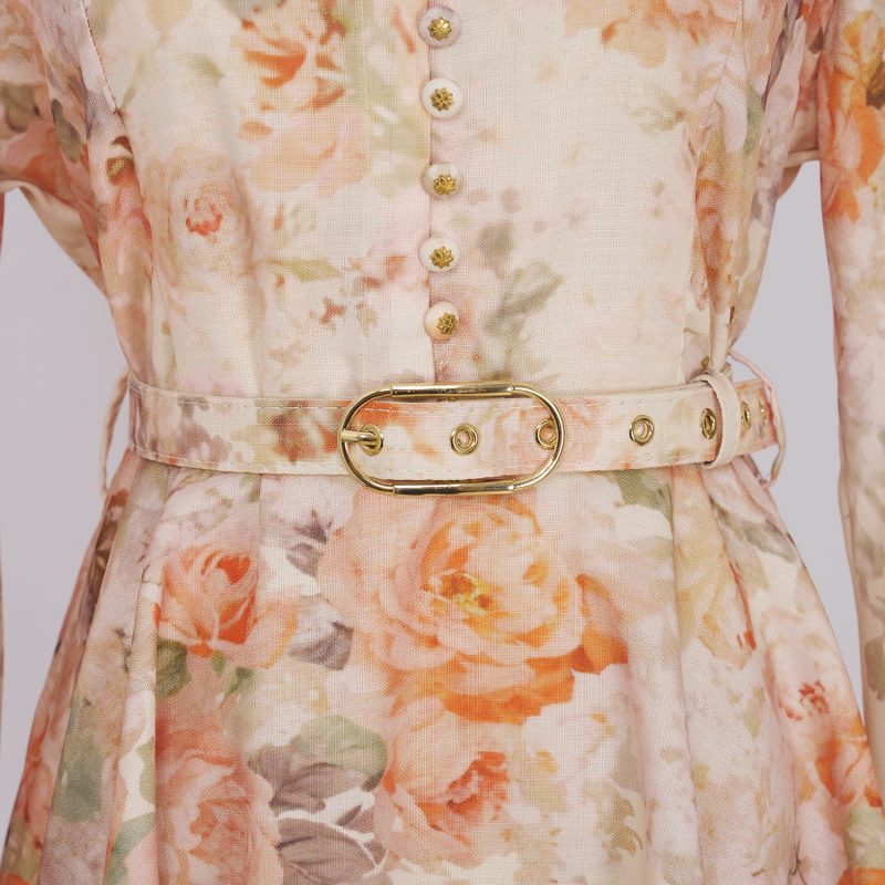 Autumn Flower Lantern Sleeve Long Dress – Stand Collar Buckle Design - Image 11