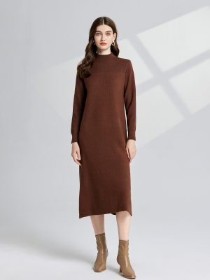 Semi High Collar Bottoming Knitted Vest Long Sleeve Dress Two Piece Set