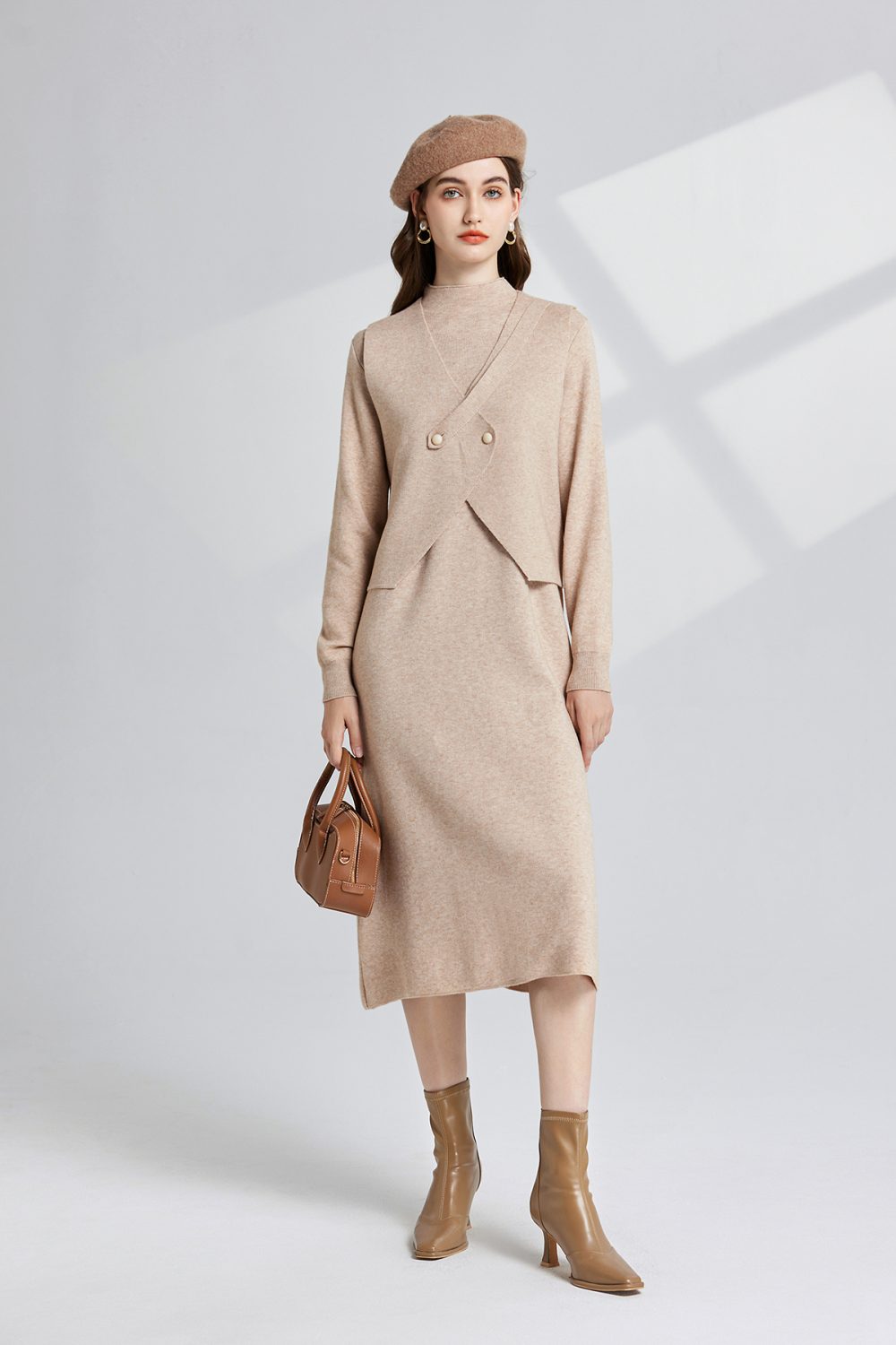 Semi High Collar Bottoming Knitted Vest Long Sleeve Dress Two Piece Set - Image 8