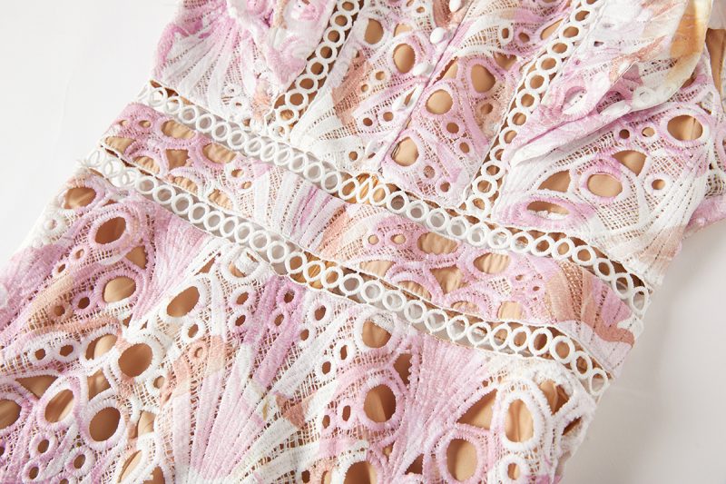 Heavy Industry Water Soluble Lace Stitching Lace Small Vertical Collar Flying Sleeve High Waist Dress - Image 11